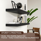 Floating Shelves - 2 Large Wall Mounted Shelves with Invisible Brackets, Long Wood Floating Wall Shelf for Living Room, Bedroom, Kitchen (Black, 48" W x 9" D x 1.5" H)