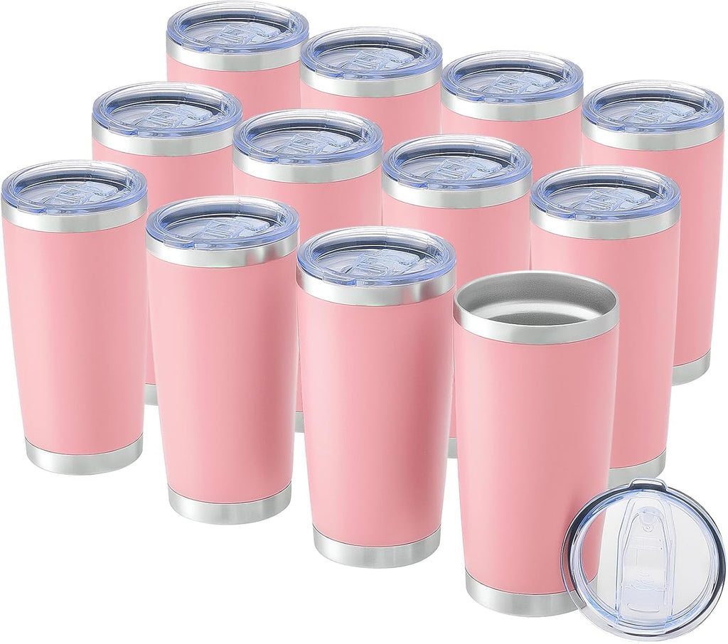 OMTech 20oz Tumblers Bulk, 12pc Stainless Steel Tumbler Set with Lid & Straw, Double Wall Vacuum Insulated Mug for Laser Engraver, Travel Coffee Mug for Hot & Cold Drinks, Pink Powder Coated Cup