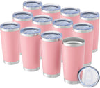 OMTech 20oz Tumblers Bulk, 12pc Stainless Steel Tumbler Set with Lid & Straw, Double Wall Vacuum Insulated Mug for Laser Engraver, Travel Coffee Mug for Hot & Cold Drinks, Pink Powder Coated Cup