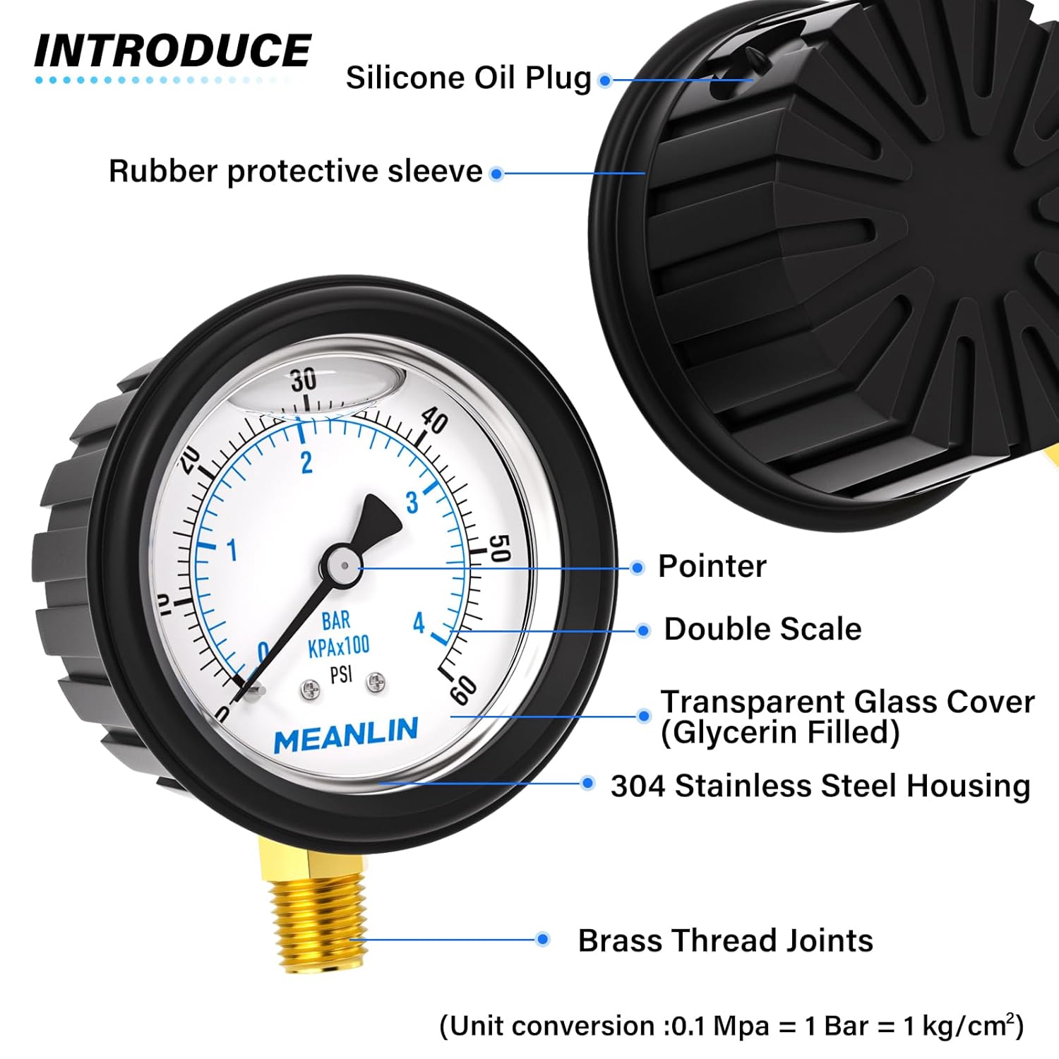 MEANLIN MEASURE 0~60Psi Stainless Steel Liquid Filled Pressure Gauge 1/4" NPT 2.5" FACE DIAL with Rubber Protective Sleeve, Lower Mount