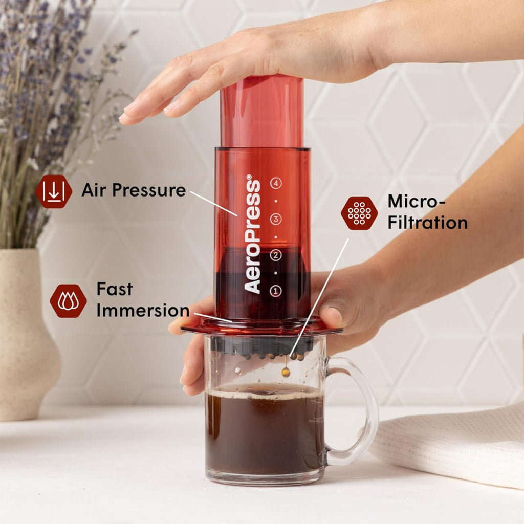 AeroPress Clear Red Coffee Press – 3 In 1 Brew Method Combines French Press, Pourover, Espresso, Full Bodied Coffee Without Grit or Bitterness, Small Portable Coffee Maker for Camping & Travel, Red