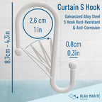 12 Decorative Metal Shower Curtain Hooks, S-Shaped Hooks with Anti-Fall System, Rust-Proof Shower Rings with Safety Buckle, Fits Rods Up to 1-Inch Diameter (S, White)