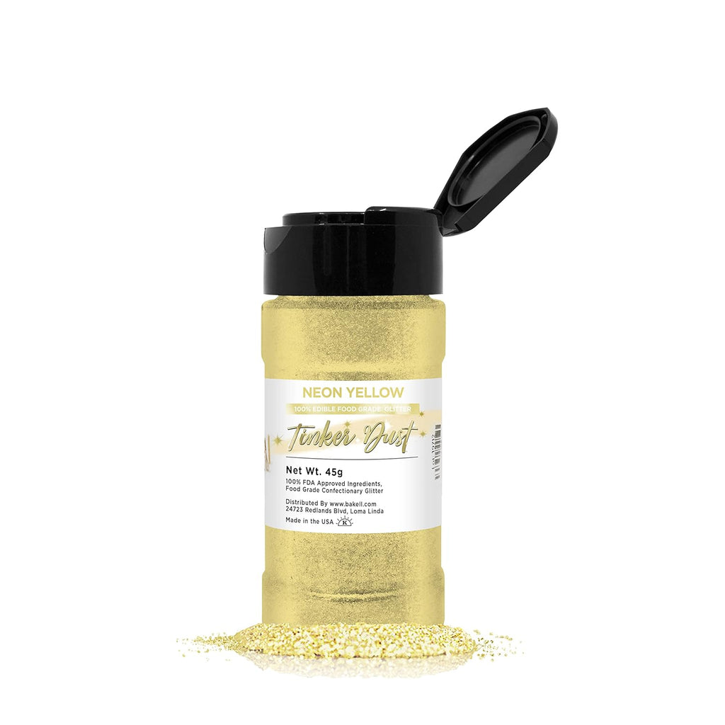 BAKELL Neon Yellow Edible Glitter, 45 Grams | TINKER DUST Edible Glitter | KOSHER Certified | 100% Edible Glitter | Cakes, Cupcakes, Cake Pops, Drinks, Dessert Vegan Glitter & Dusts (45g Shaker, Neon Yellow)