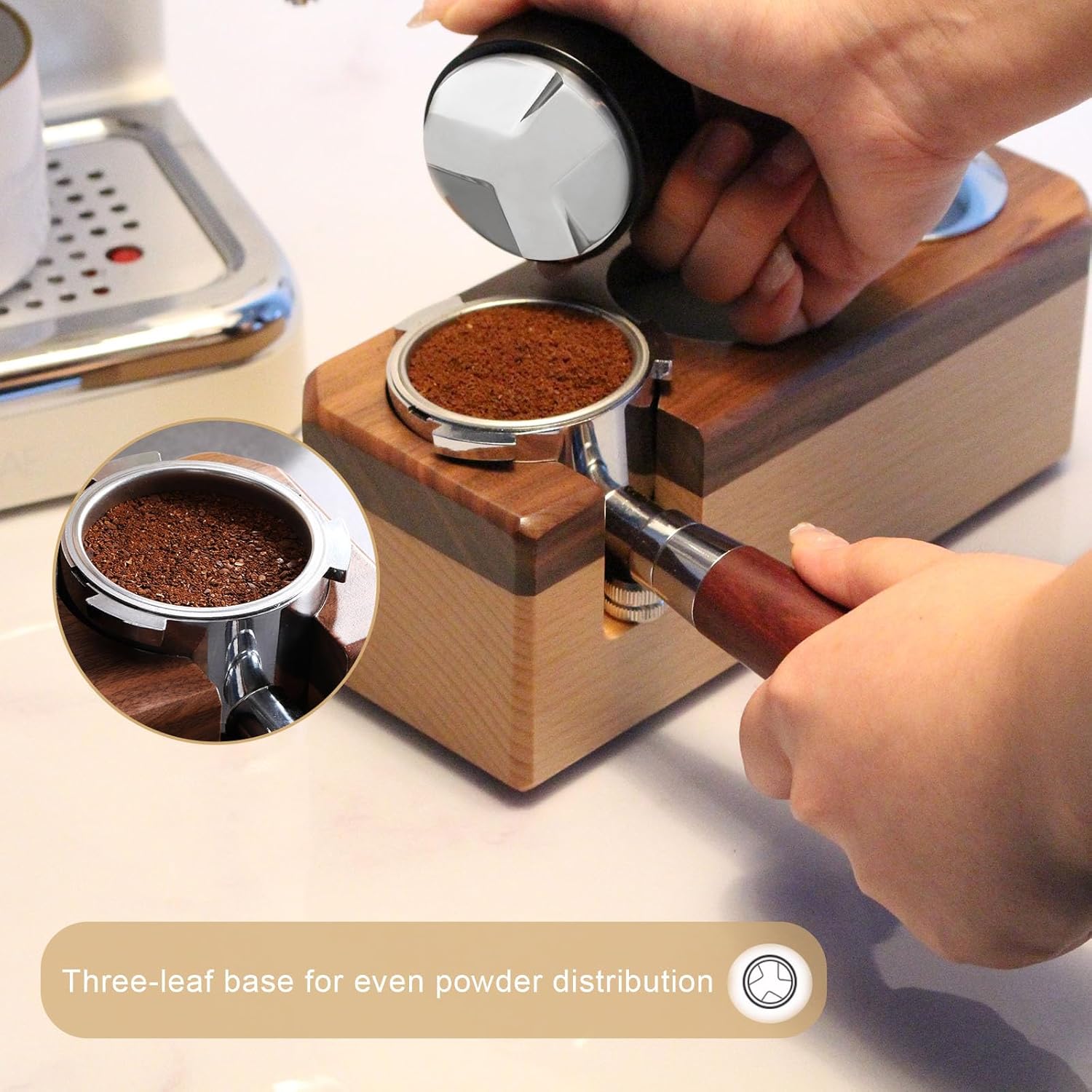 Espresso Distributor Stainless Steel Coffee Distribution Tool,Adjustable Depth Espresso Distributor Leveler with Walnut Wood,3 Angled Slopes Adjustable Palm Espresso Distributor Tool
