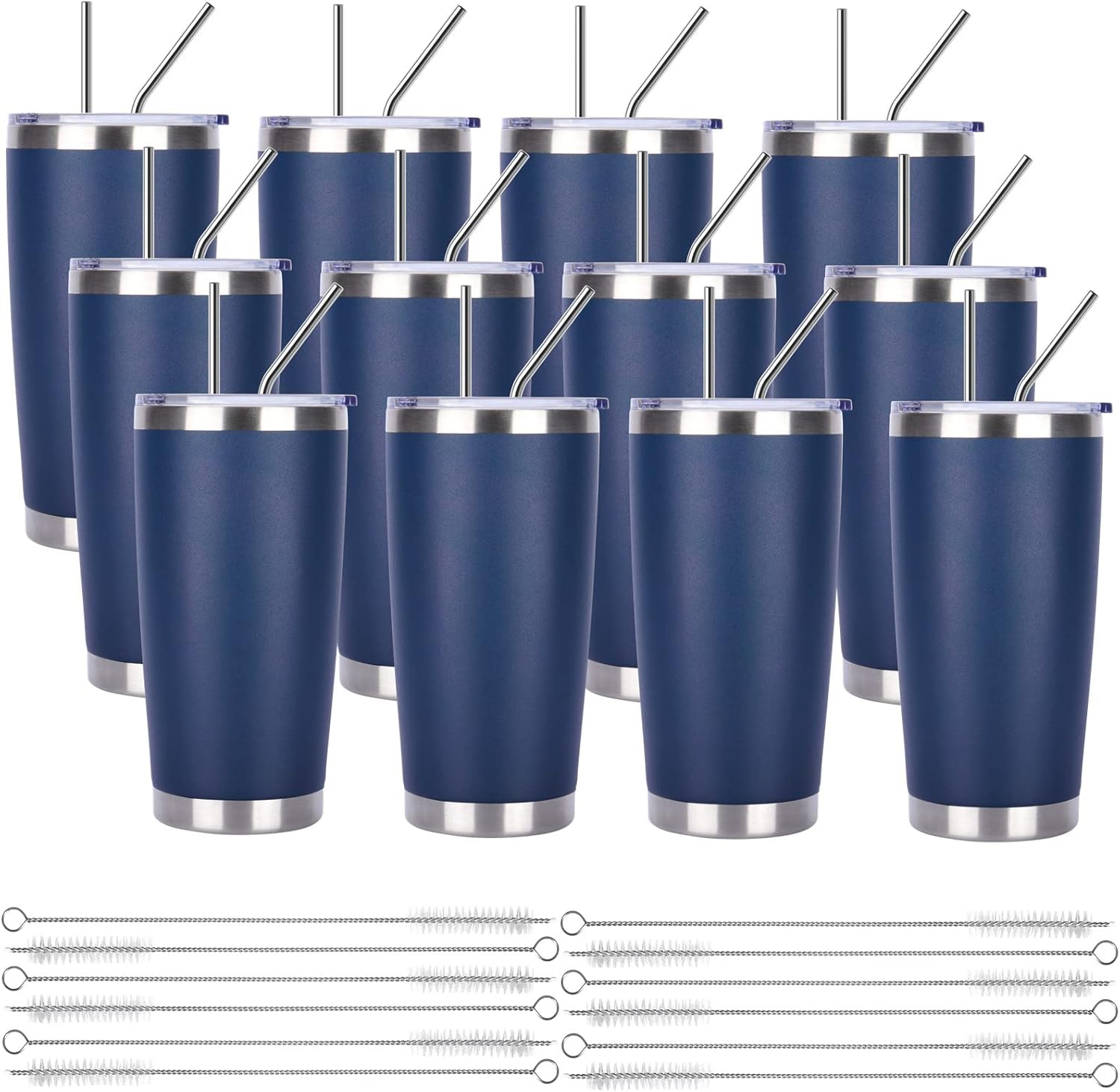 Pandance 20oz Stainless Steel Insulated Tumblers with Lid and Straw Bulk, Double Wall Vacuum Water Cups for Hot & Iced Coffee Drinks Travel Mug (Navy Blue, 12 pack)