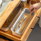 Large capacity Plastic Kitchen Drawer Organizer with Lid and Drainer Stackable Utensil Holder for Countertop Silverware Tray Flatware Organizers - 12.6x4.7x2.4 Inch Spatula Cutlery Tray