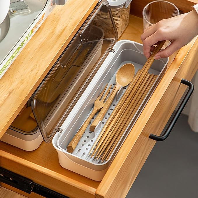 Large capacity Plastic Kitchen Drawer Organizer with Lid and Drainer Stackable Utensil Holder for Countertop Silverware Tray Flatware Organizers - 12.6x4.7x2.4 Inch Spatula Cutlery Tray