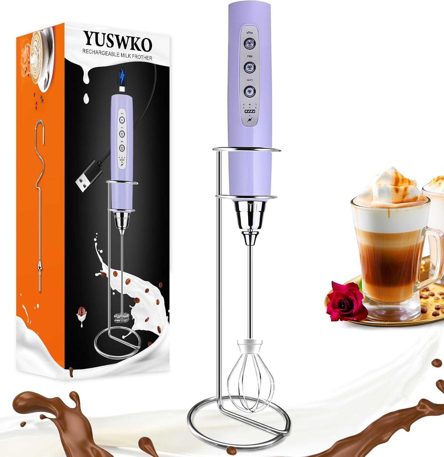 YUSWKO Light Purple Rechargeable Milk Frother for Coffee with Stand, Handheld Drink Mixer with 3 Heads 3 Speeds Electric Stirrers for Latte, Cappuccino, Hot Chocolate, Egg