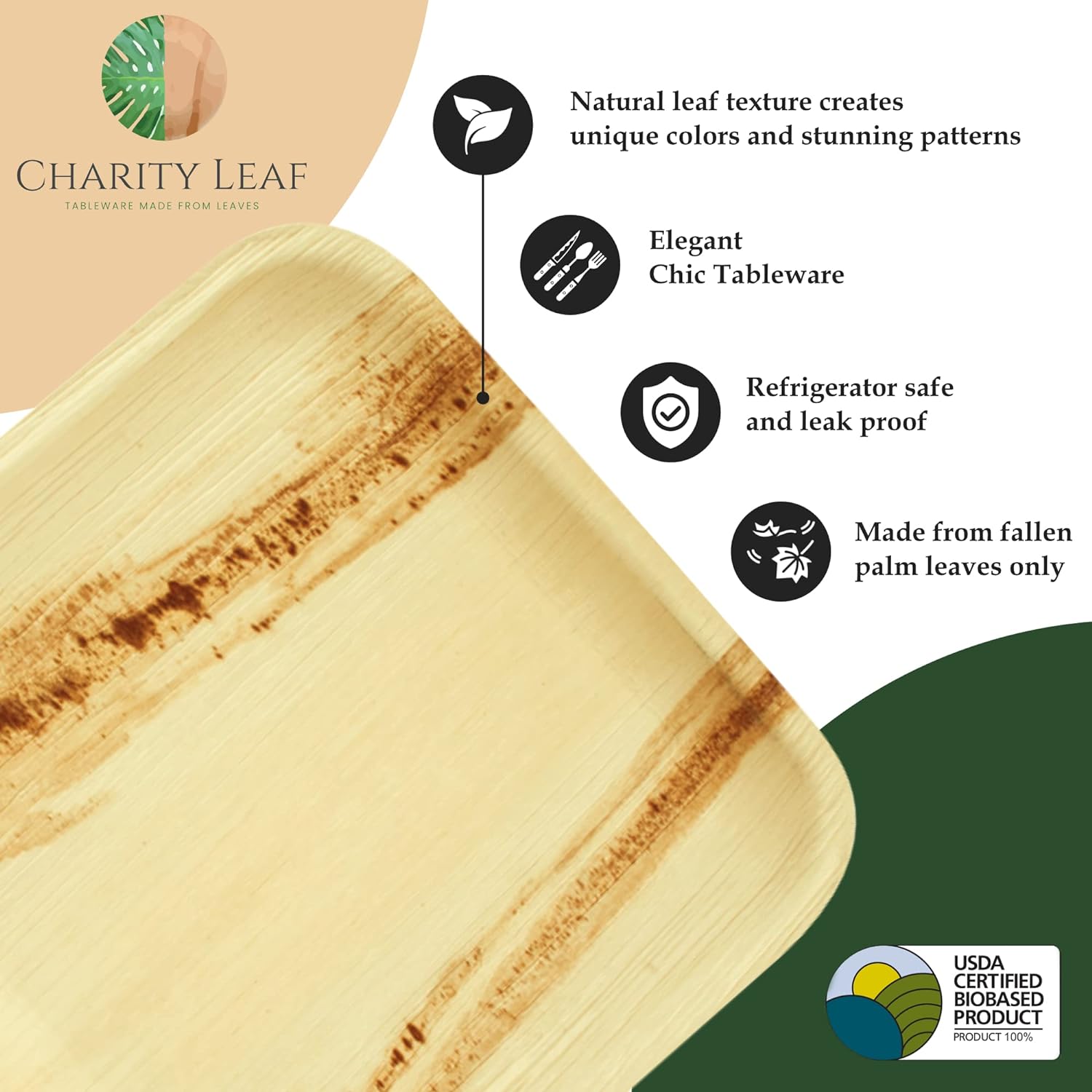 Charity Leaf Disposable Palm Leaf 12" x 10" Trays (25 pieces) Bamboo Like Serving Platters, Disposable Boards, Eco-Friendly Dinnerware For Weddings, Catering, Events
