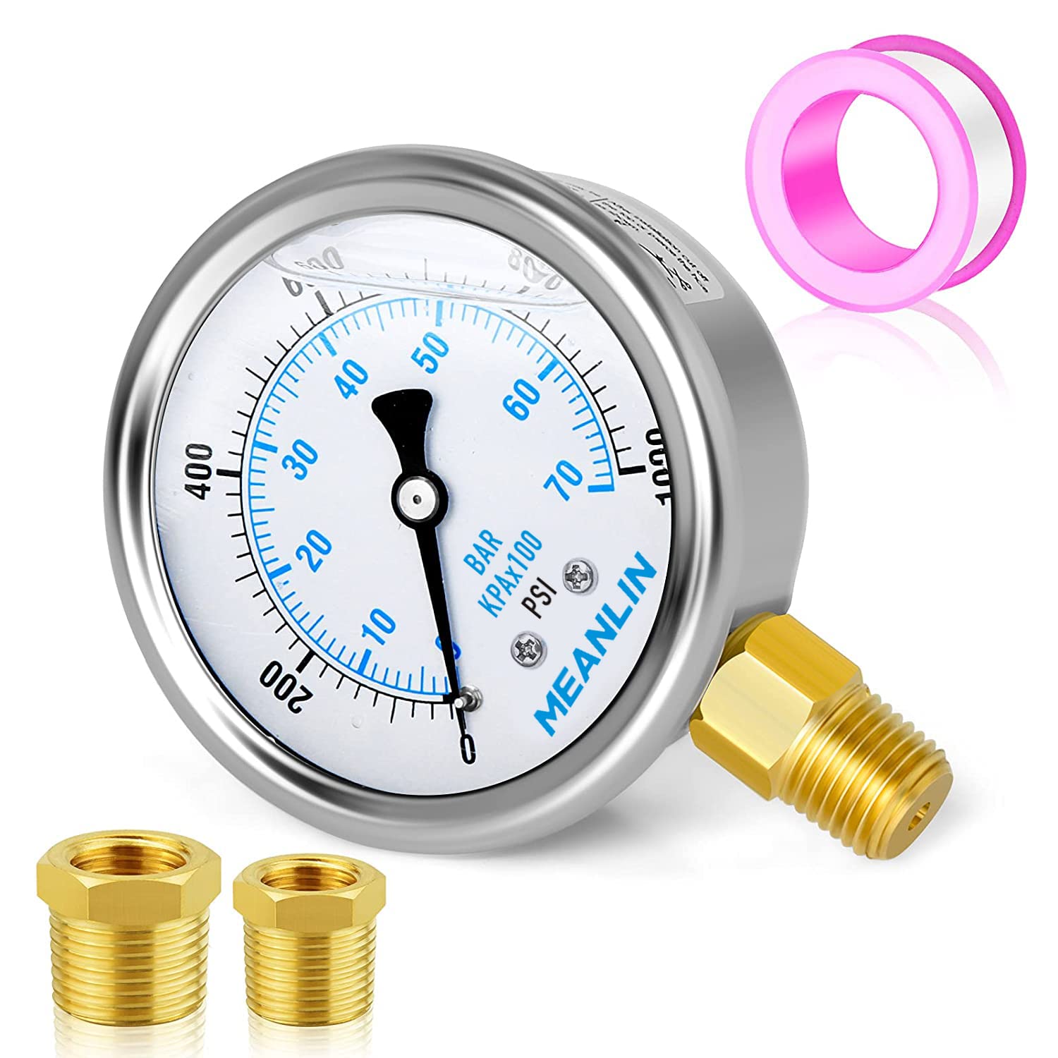 MEANLIN MEASURE 0~1000Psi Stainless Steel 1/4" NPT 2.5" FACE DIAL Liquid Filled Pressure Gauge WOG Water Oil Air Lower Mount, with 1/4" x 1/2" NPT and 1/4" x 3/8" NPT Hex Bushing