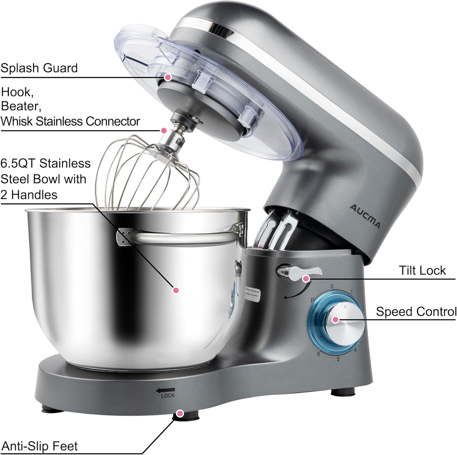 Aucma Stand Mixer,6.5-QT 660W 6-Speed Tilt-Head Food Mixer, Kitchen Electric Mixer with Dough Hook, Wire Whip & Beater (6.5QT, Gray)