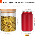 Glass Food Storage Containers Jars with Airtight Bamboo Lid 16 oz 9 pcs, 490 ml Pantry Organization Jar, Glass Terrarium with Lid, Spice, Flour and Sugar Container, Canister Set for Kitchen Counter