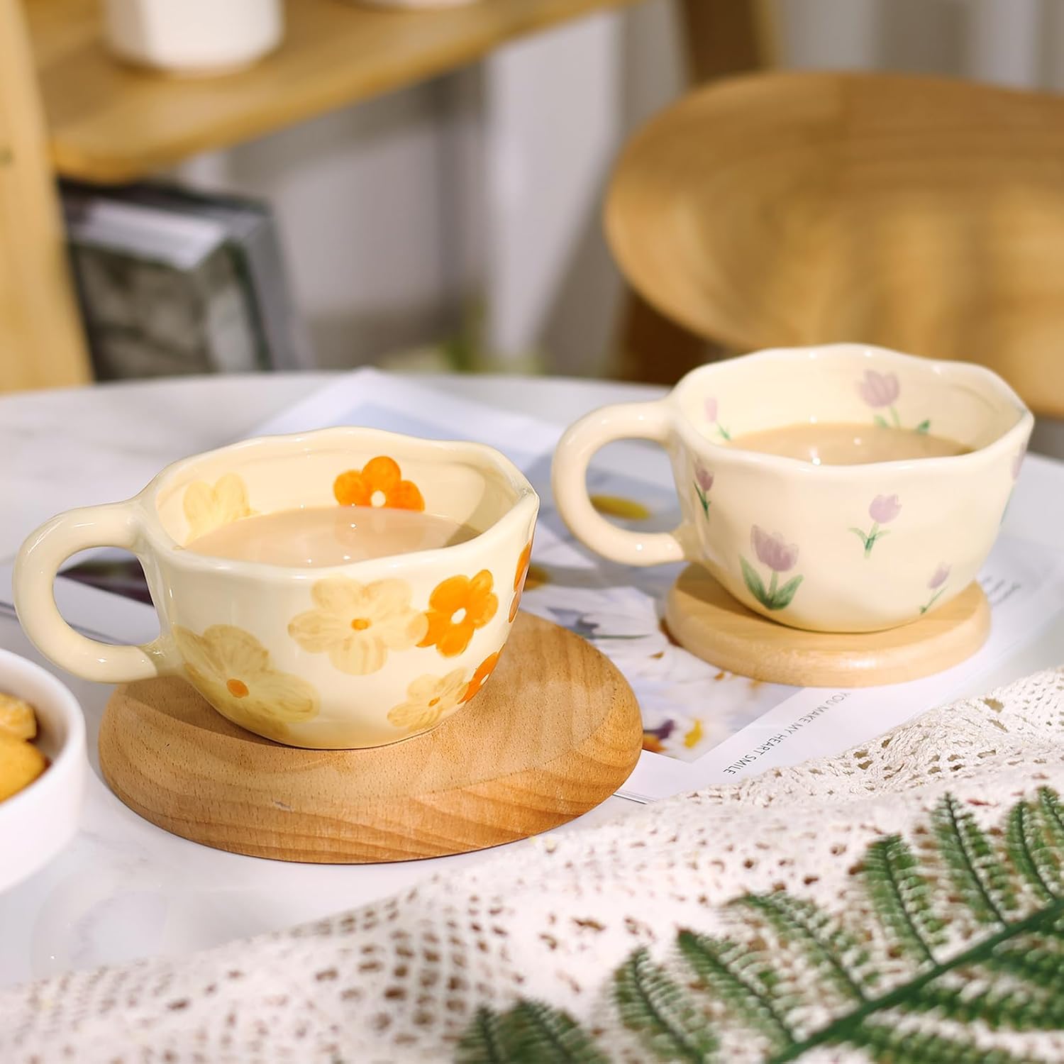 Cute Coffee Mug Set of 2 Vintage Flower Mugs 8 oz Ceramic Floral Coffee Mugs Irregular Latte Art Cup Lead-free Porcelain Cups for Cappuccino, Cocoa (Orange Flowers and Purple Tulips)