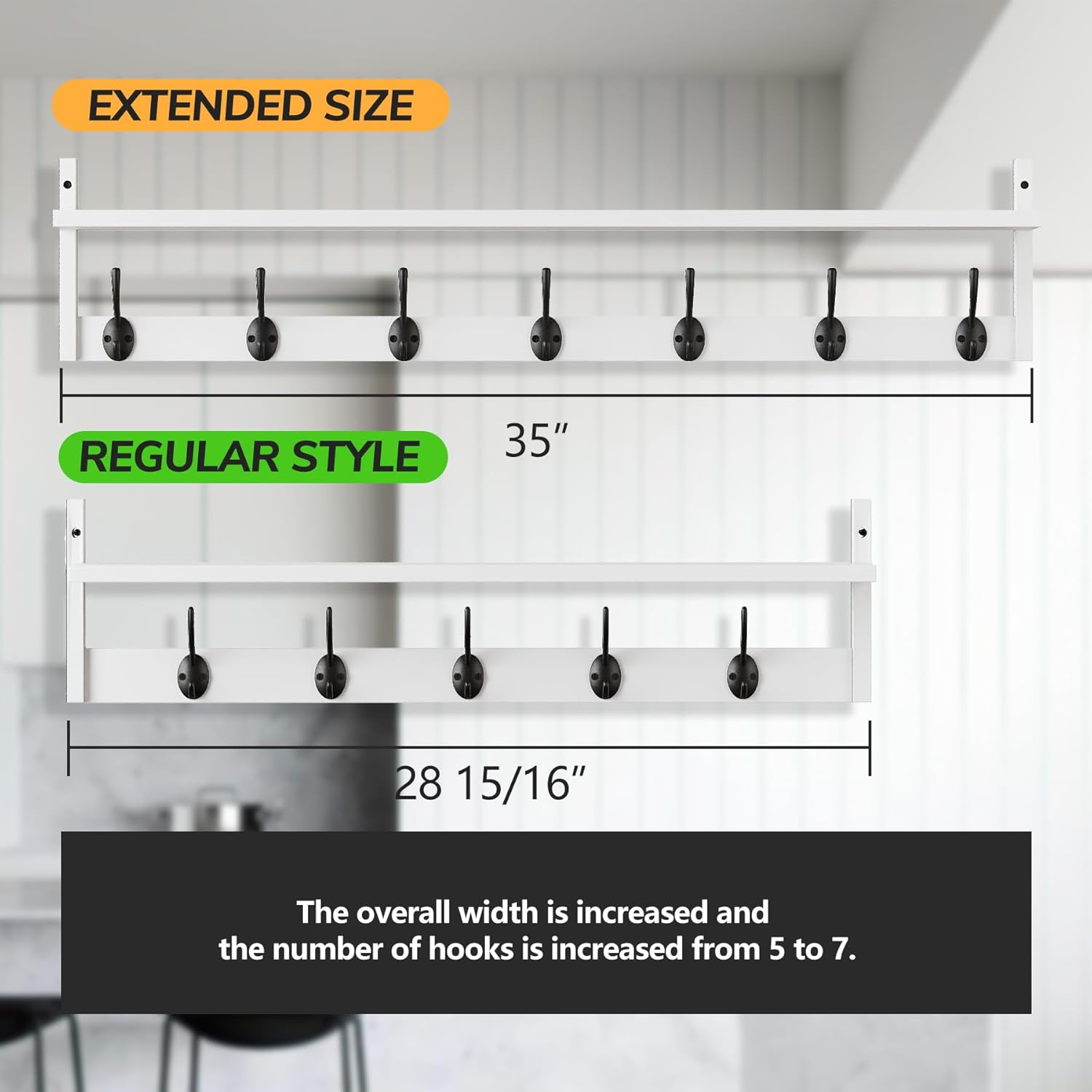 BAMEOS 35" L Wall Hooks with Shelf, Entryway Coat Hooks for Wall with Shelf, Wood Wall Hanging Shelf, Wall-Mounted Coat Rack with 7 Dual Metal Hooks for Bathroom, Kitchen, Living Room, Bedroom (White)