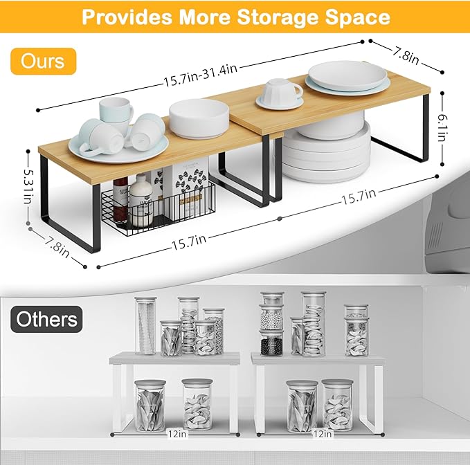 Cabinet Shelf Organizers, 15.7 inches Large Kitchen Counter Shelf, Set of 2 Wood Kitchen Pantry Organizer, Storage Shelves for Countertop, Spice Rack, Stackable, Expandable, Metal Black, Nature