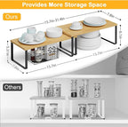 Cabinet Shelf Organizers, 15.7 inches Large Kitchen Counter Shelf, Set of 2 Wood Kitchen Pantry Organizer, Storage Shelves for Countertop, Spice Rack, Stackable, Expandable, Metal Black, Nature