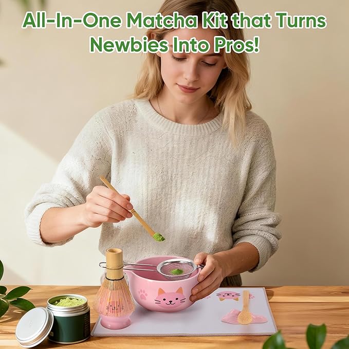 Matcha Whisk Set, 8Pcs Matcha Set for Ceremony, Matcha Whisk and Ceramic Bowl with Matcha Scoop & Sifter and All Accessories for Breakfast, Afternoon Tea, Ideal Gift Christmas, Anniversary