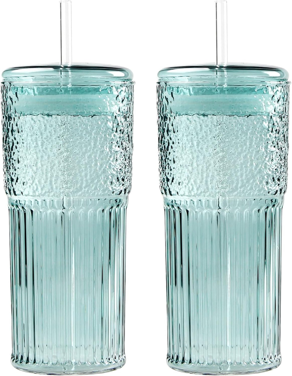 GOSCHE Glass Coffee Cups with Lids and Straws 20oz, High Borosilicate Drinking Jar Water Cups, Glass Tumbler for Tea Coffee Milkshake, Green, 2 Pcs