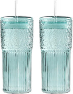 GOSCHE Glass Coffee Cups with Lids and Straws 20oz, High Borosilicate Drinking Jar Water Cups, Glass Tumbler for Tea Coffee Milkshake, Green, 2 Pcs