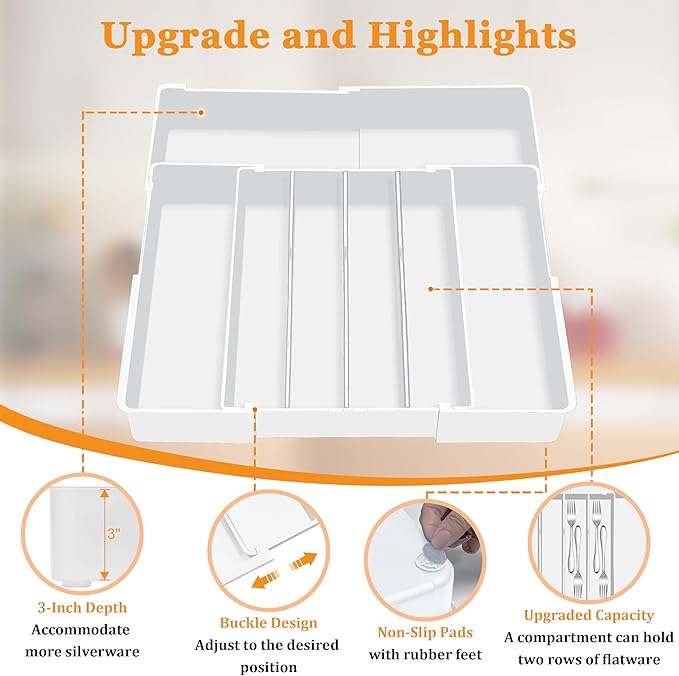 Homecor Silverware Drawer Organizer - Expandable Drawer Organizer for Kitchen, Utensil Holder BPA Free Flatware and Cutlery Tray for Spoons Forks Knives, Plastic Kitchen Organizer and Storage, White