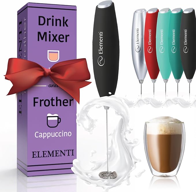 Elementi Drink Mixer Handheld - Electric Stirrer and Powerful Protein Powder Mixer Wand, Easy-to-Use Mini Frother Wand for Quick Delicious Cocktails, Milk Frother and Coffee Stirrers (Black)