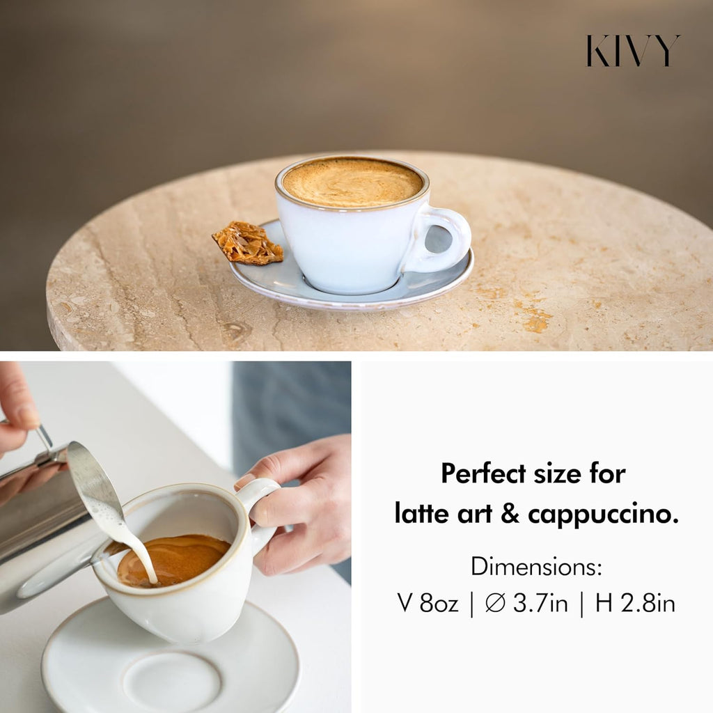 KIVY Cappuccino cups set [4x 8oz] - Thick-walled stoneware cappuccino cup set for latte art - Cappuccino coffee cups - Tazas de cafe - Latte cups - Ceramic latte art cup and saucer set of 4 - Grey