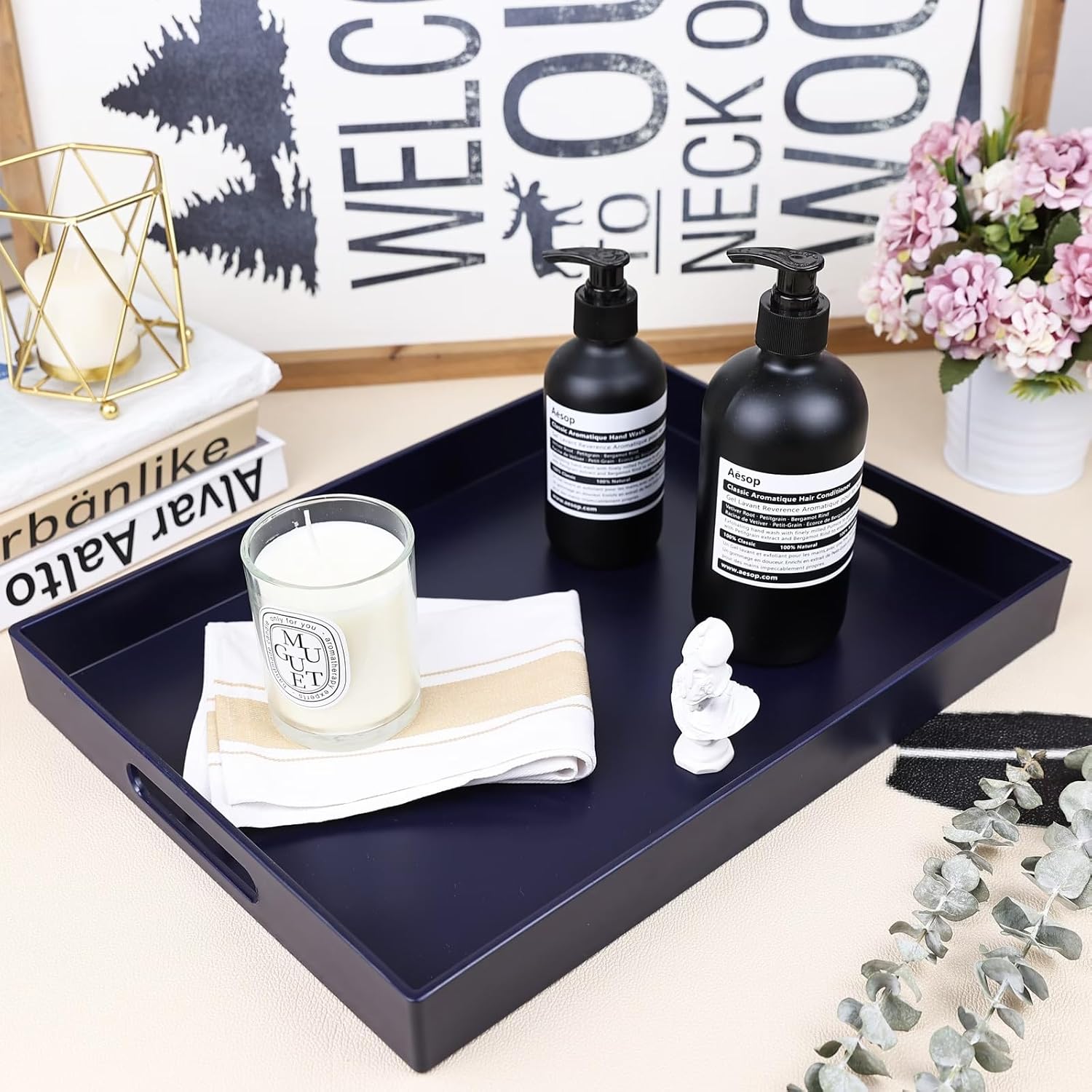 Navy Blue Serving Tray for Coffee Table, Rectangular Plastic Decorative Tray with Handles for Entertaining, Outdoor Patio, Living Room, Ottoman, Bathroom Counter, 11.8”*15.7”*1.6”