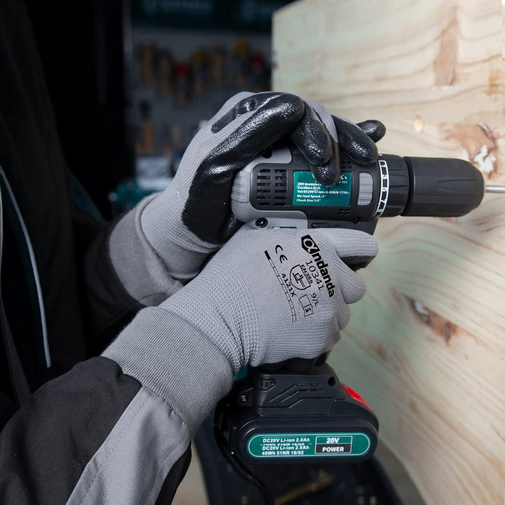 ANDANDA Smart Touch Work Gloves - 12 Pairs, 3D Comfort Stretch Fit, Nitrile Coated with Grip, Seamless Knit Nylon, Suitable for Warehousing, Logistics, Handling, Black (XL)