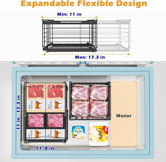 NADAMOO Freezer Organizer Bins, 4 Packs Large Expandable Stackable Chest Freezer Containers with Handle, Metal Adjustable Storage Baskets for Fridge, Deep Freezer, Cabinet, Kitchen, Pantry - Black