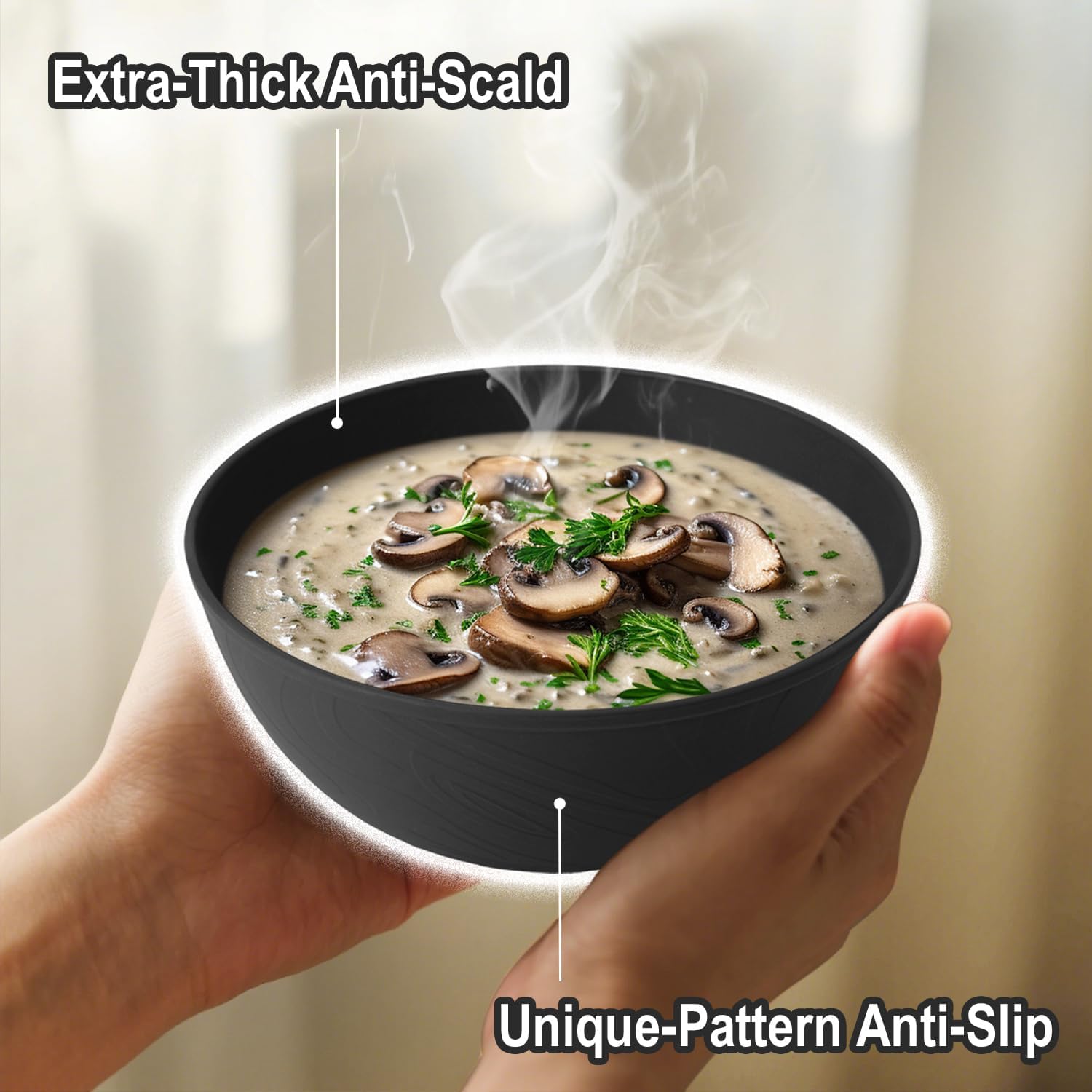 Black Cereal Bowls 40oz for Cereal Lover,Unbreakable Alternative Plastic Bowls Set of 6,Extra Thick Anti-Scald Bowl Sets suitable for Salad,Soup and Fruit.