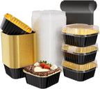 50 Pack Square Mini Cake Pans with Lids,Mini Loaf Pans with Lids,Aluminum Foil Baking Cups,Disposable Ramekins Cupcake Cups,Dessert Cups for Wedding Birthday Party,5oz (Black&Gold)