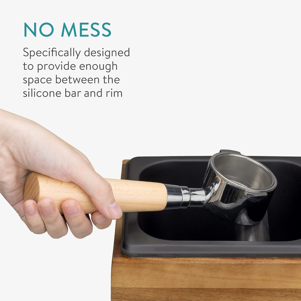 Navaris Coffee Knock Box - Stainless Steel and Wood Bin for Espresso Machine Coffee Grounds - With Silicone Bar for Knocking Filter Grinds - Black