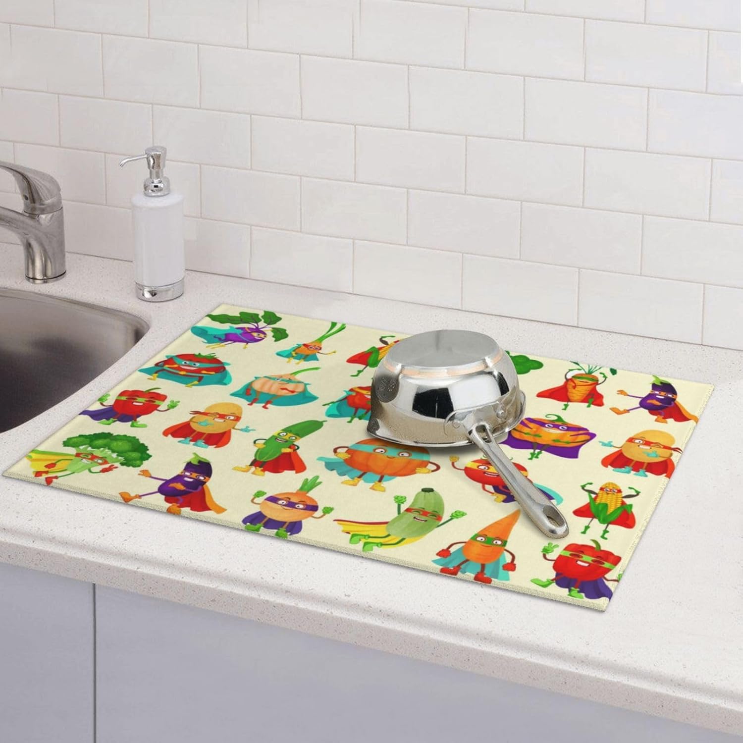 Colorful Cartoon Vegetable Dish Drying Mats, 18 x 24 inch Absorbent Microfiber Decorative Kitchen Counter Mats, Polyester, Washable, Absorption, Foldable, for Sink, Dishes Utensils, Small Appliances