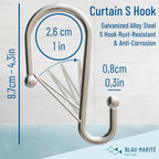 Set of 12 Silver Metal S Hook Shower Hooks 1” – Closed, Heavy Duty, Long Decorative Shower Curtain Hooks, Easy Glide, Buckle, Large Rust Resistant Rings for Bathroom Rods (Silver, S)
