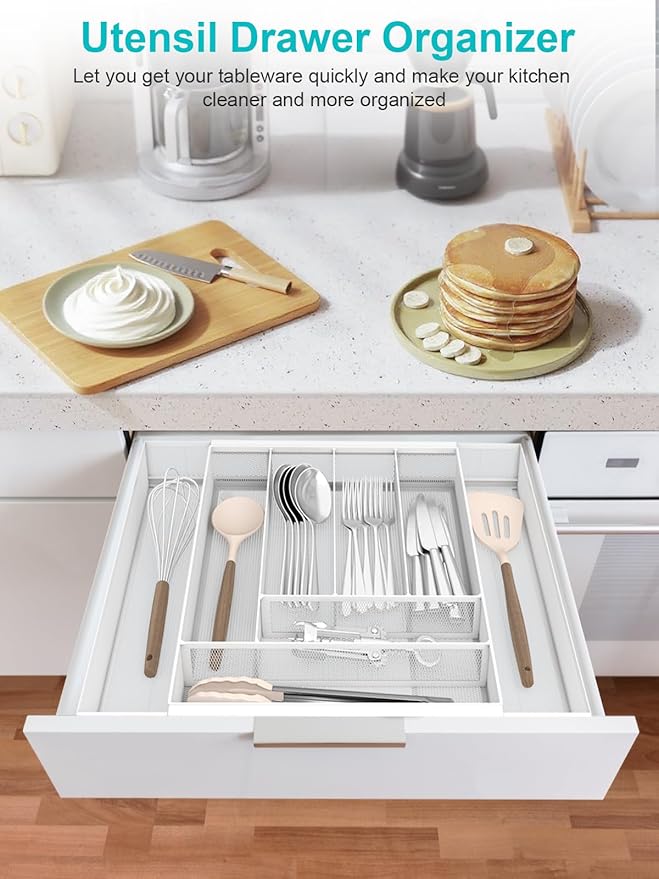 Silverware Organizer Metal Mesh, Large Drawer Organizer, Utensil Cutlery Tray for kitchen drawers, Expandable Flatware Organizer with 8 Compartment White 11.6"~20" x 17.3"