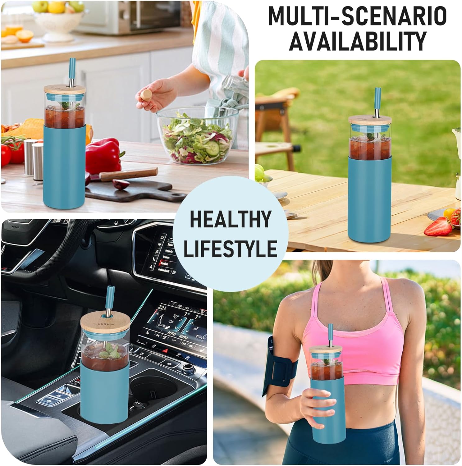 Glass Tumbler w/Lids & Straw: 24 oz Reusable Glass Cup w/Bamboo Lid, Stainless Steel Straws, BPA-Free, Leak-Proof, Dishwasher Safe for Coffee/Smoothies/Hot Beverage, Travel/Office/Home Use, 2-Pk