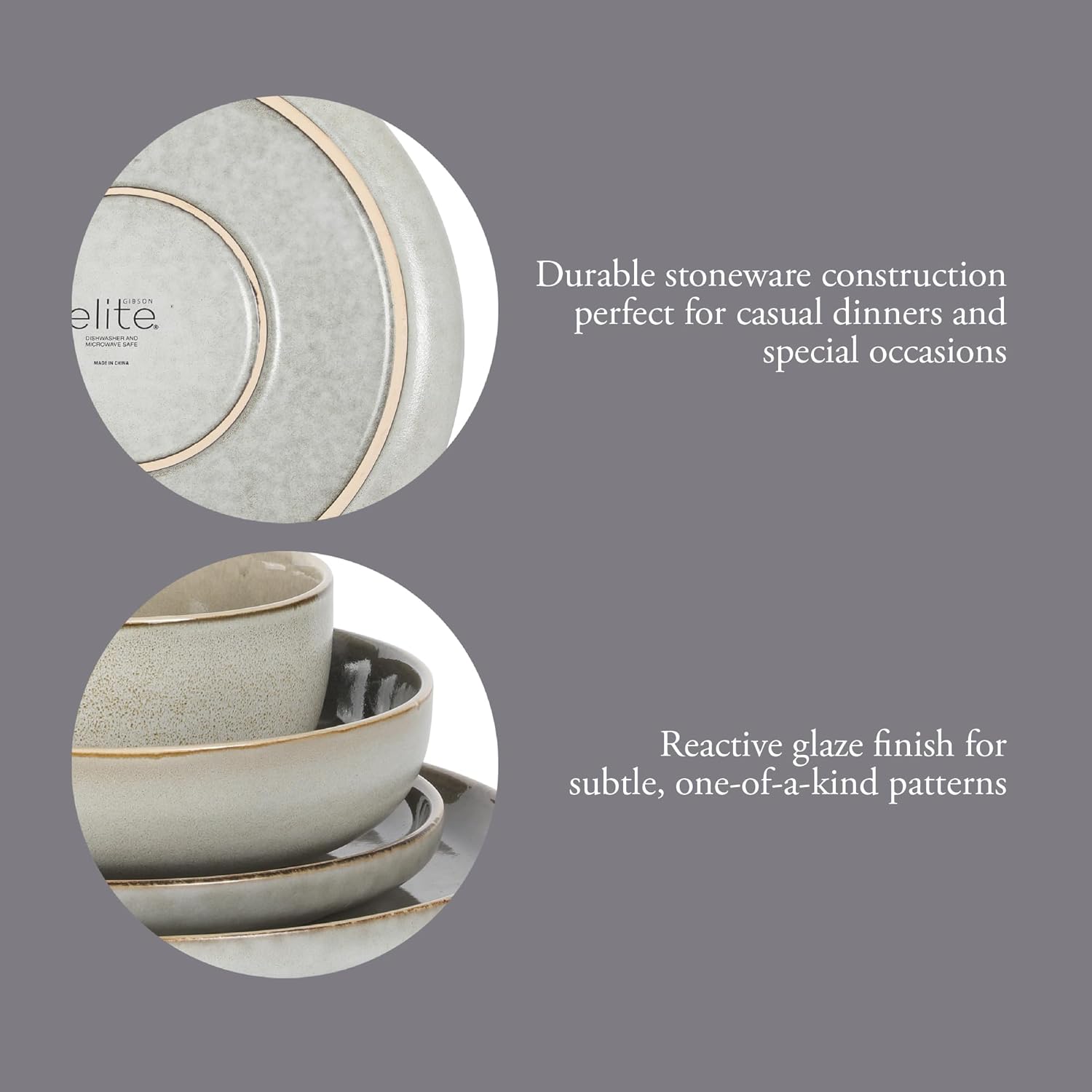 Gibson Elite Sunveil 16 Piece (Service for 4) Plates and Bowls Reactive Glaze Round Dishes Stoneware Ceramic Dinnerware Set -Taupe