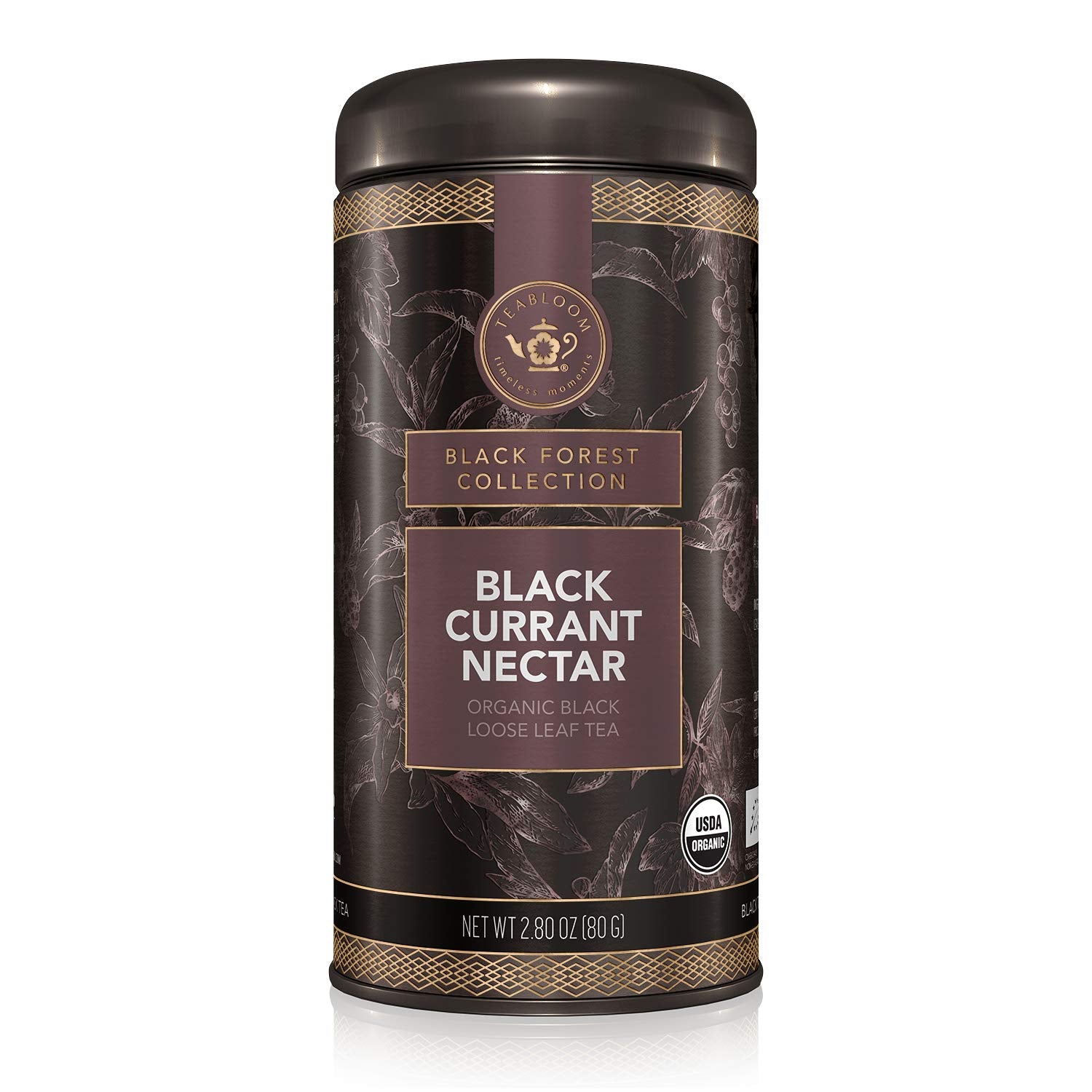 Teabloom Organic Black Tea, Black Currant Nectar Loose Leaf Tea, USDA Certified Organic, 2.80 Ounce Loose Leaf Tea Canister Makes 35-50 Cups