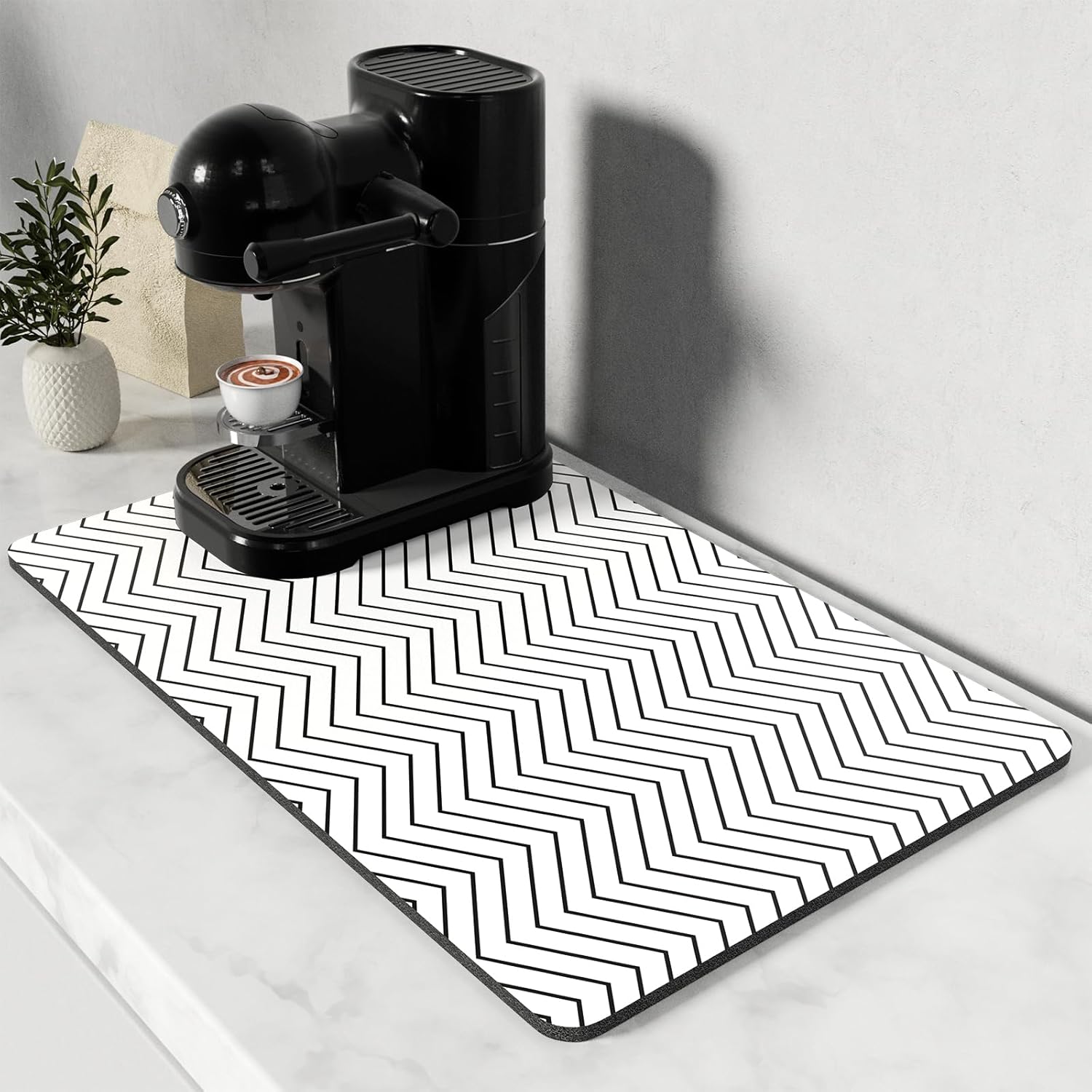 Rnivvi Coffee Mat, 12" x 19" Cute Coffee Bar Mats for Espresso Machine Station Accessories and Organizer, Hide Stain Rubber Backed Absorbent Dish Drying Pad for Kitchen Counter, White Strip