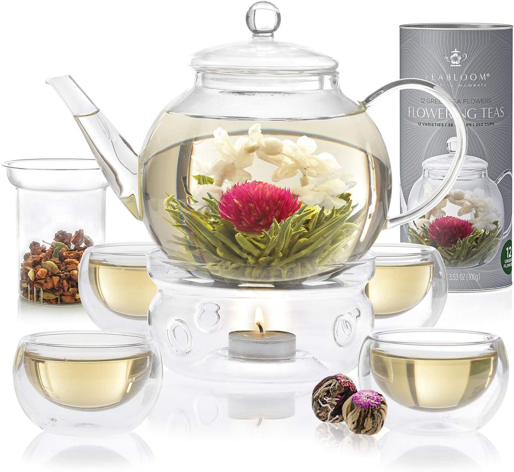 Teabloom Complete Tea Set – Glass Teapot (40 oz), Loose Tea Glass Infuser, 4 Insulated Glass Teacups, Tea Warmer, and 12 Flowering Teas – Elegant Blooming Tea Gift Set