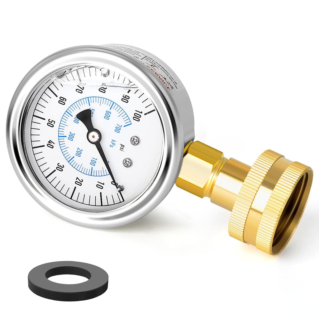 MEANLIN MEASURE 0~100Psi Stainless Steel Frame 3/4" Female 2.5" FACE DIAL Liquid Filled Pressure Gauge WOG Water Oil Air Water Pressure Test Table with Sealing Ring (with 2PCS Snaps)