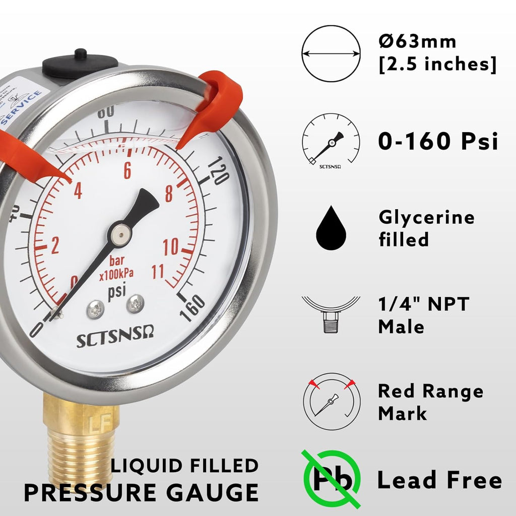 0 to 160 Psi Lead-Free Pressure Gauge, Glycerin Liquid Filled, 2.5 inch Dial, 1/4" NPT Lower Mount, Stainless Steel Case, for Regulator, Potable Water Pump, RV Hose, Well, Air, Pressure Test