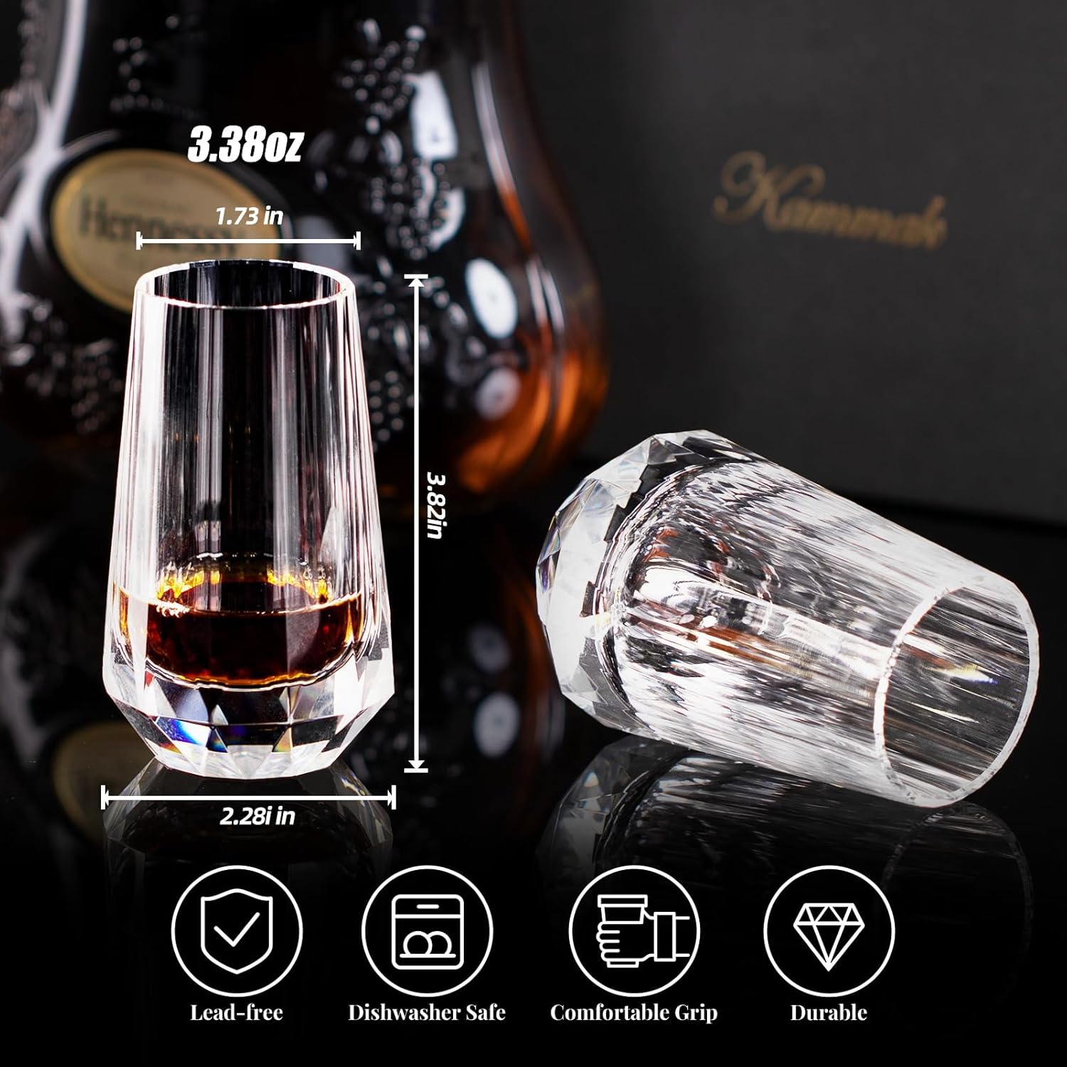 KAMMAK Crystal Whiskey Glasses Set of 2, Handcrafted Shot Glasses Stemless, 3.38oz Hand Blown White Cocktail Glasses, Engagement Gifts for Couples, Women, Men