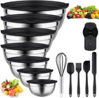 Mixing Bowls with Lids set - 25 PCS Stainless Steel Nesting Black Mixing Bowls Set for Baking, Mixing, Serving & Prepping, Size 5, 3.7, 2.8, 2.3, 1.7, 1.1, 0.7QT, 11 Cooking Utensils