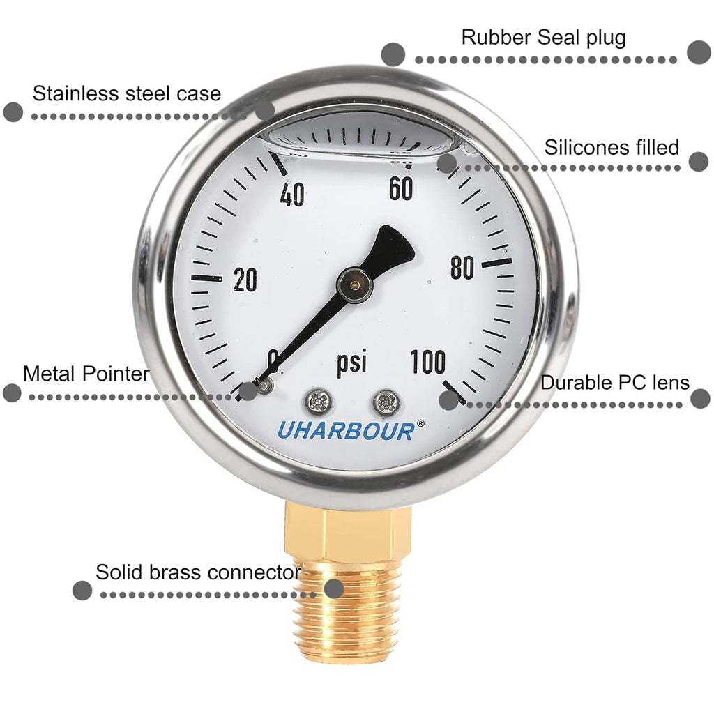 Liquid Filled Fuel Pressure Gauge with 2" Dial and 304 Stainless Steel case, 0-100Psi, 2% Accuracy, 1/4" NPT Center Lower Mount