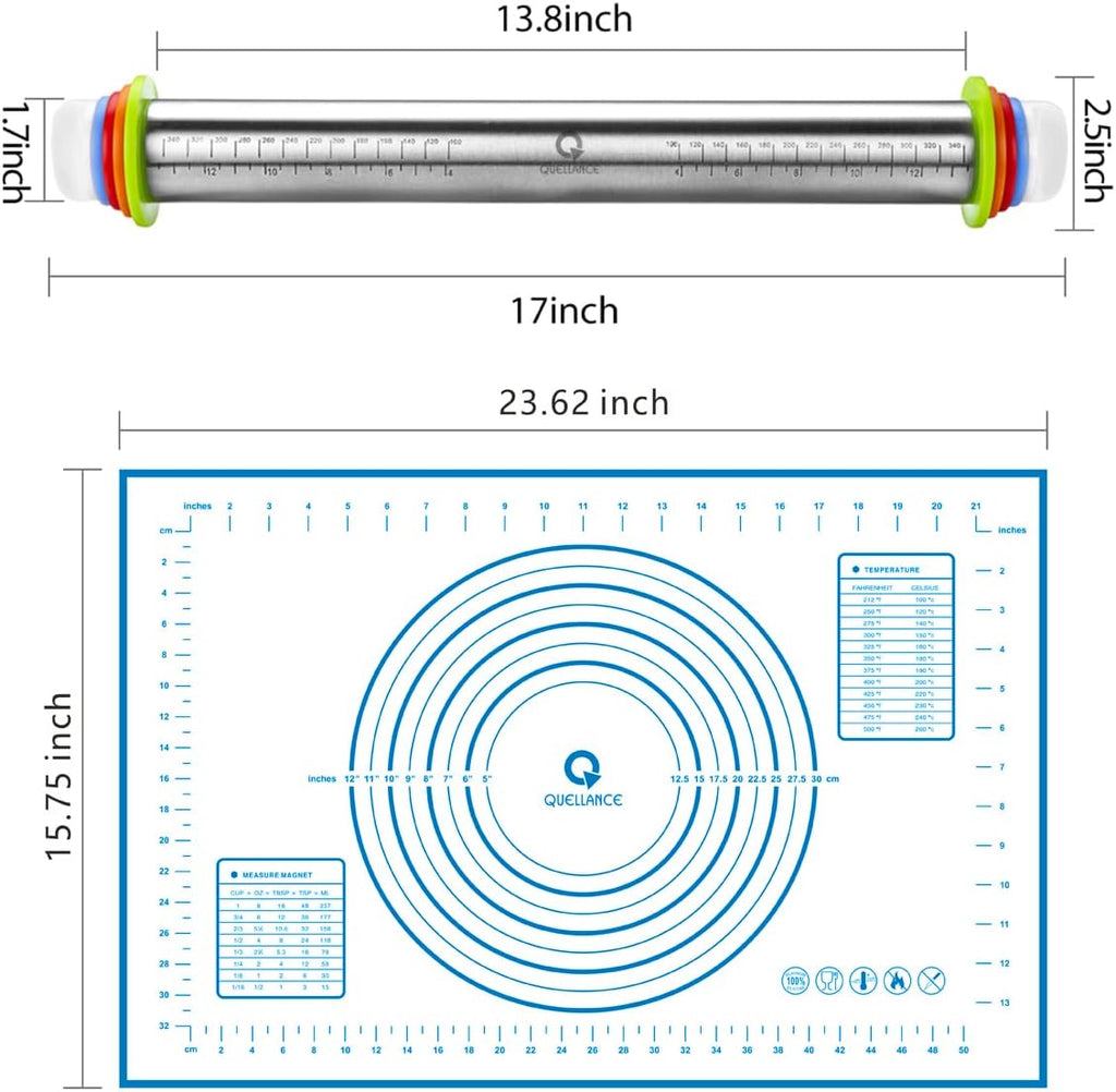 Rolling Pin and Pastry Baking Mat Set, Rolling Pins with Adjustable Thickness Rings, Stainless Steel Dough Roller for Baking Fondant, Pizza, Pie, Pastry, Pasta, Cookies (Blue)
