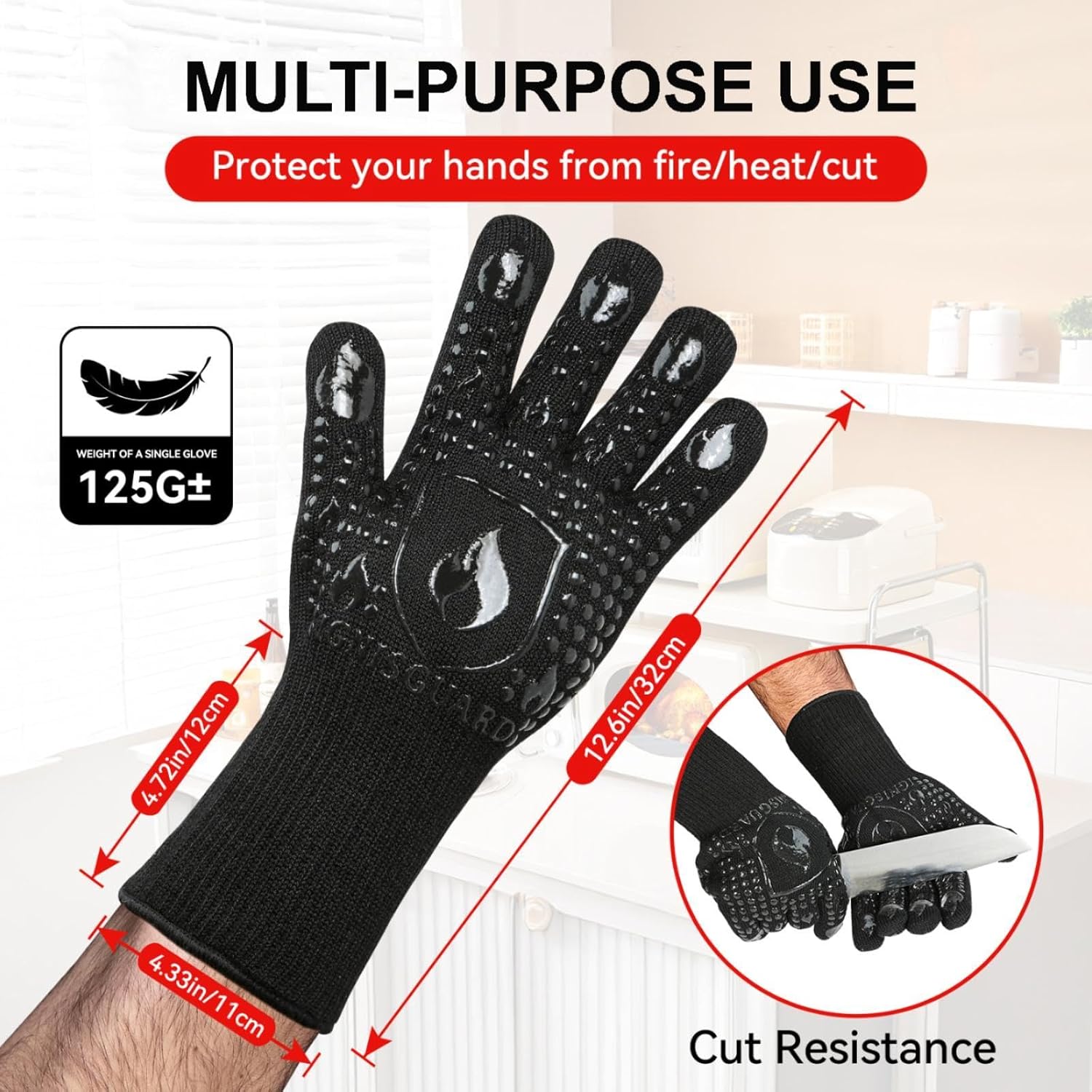 BBQ & Grill Gloves, Oven Gloves, 1472°F Silicone Oven Mitts Heat Resistant Grilling Gloves Fireproof Non-Slip for Barbecue Cooking Baking Smoking, 1-Pair Black（L）
