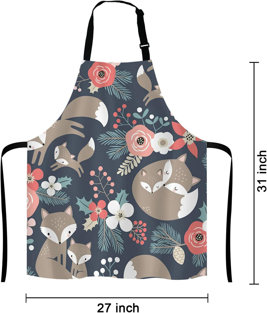 Cute Fox Family and Flowers Bib Apron with Adjustable Neck for Men Women,Suitable for Home Kitchen Cooking Waitress Chef Grill Bistro Baking Apron