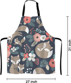 Cute Fox Family and Flowers Bib Apron with Adjustable Neck for Men Women,Suitable for Home Kitchen Cooking Waitress Chef Grill Bistro Baking Apron