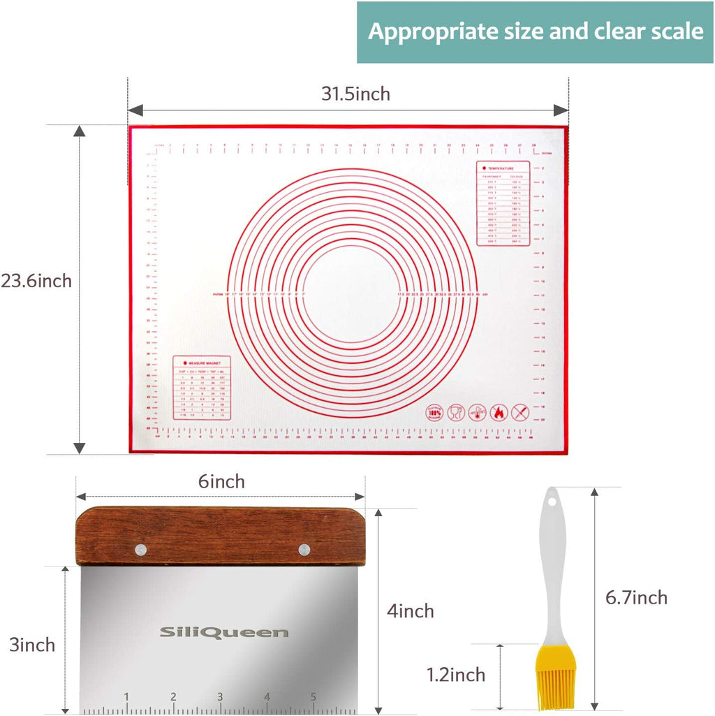 Silicone Pastry Baking Mat with Measurements Extra a Brush and a Dough Scraper - 31.5” x 23.6” Heat Resistant, BPA Free, Non-Stick Non-Slip Pastry Mat for Rolling Dough - Easy to Clean, Red